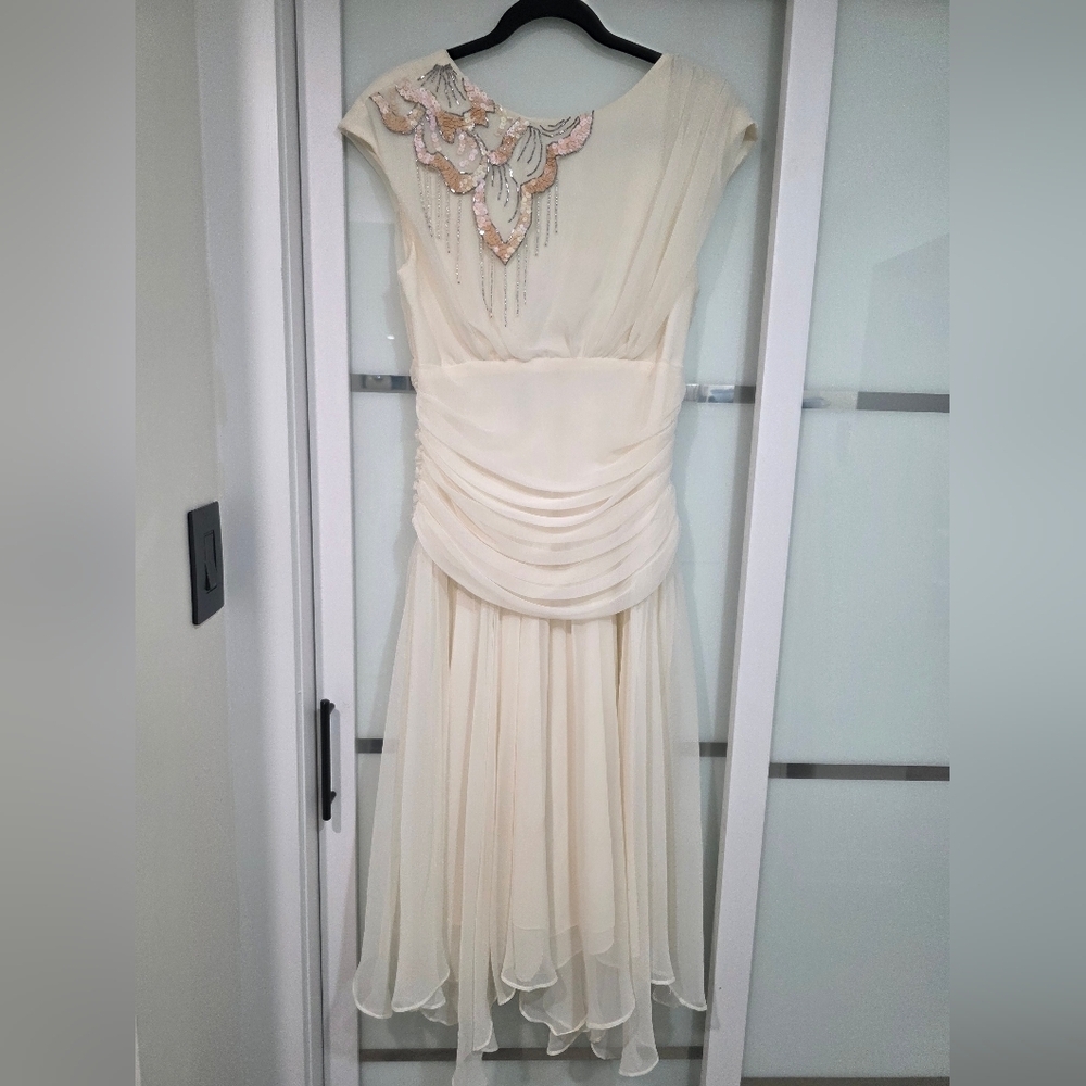 Algo Boutique 🌟 Vintage-Inspired Cream Chiffon Midi Embellished Dress - Picture 2 of 16